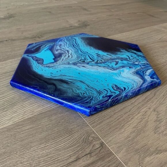 Blue Hexagonal Canvas Acrylic Pour Art - Picture 2 of 5